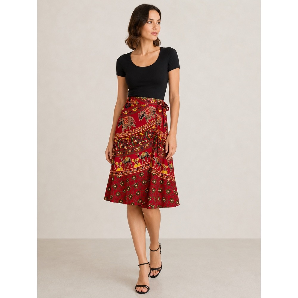 Darn Good Yarn Womans Sari Wrap Elephant‎ Camel Red Floral 100% Cotton